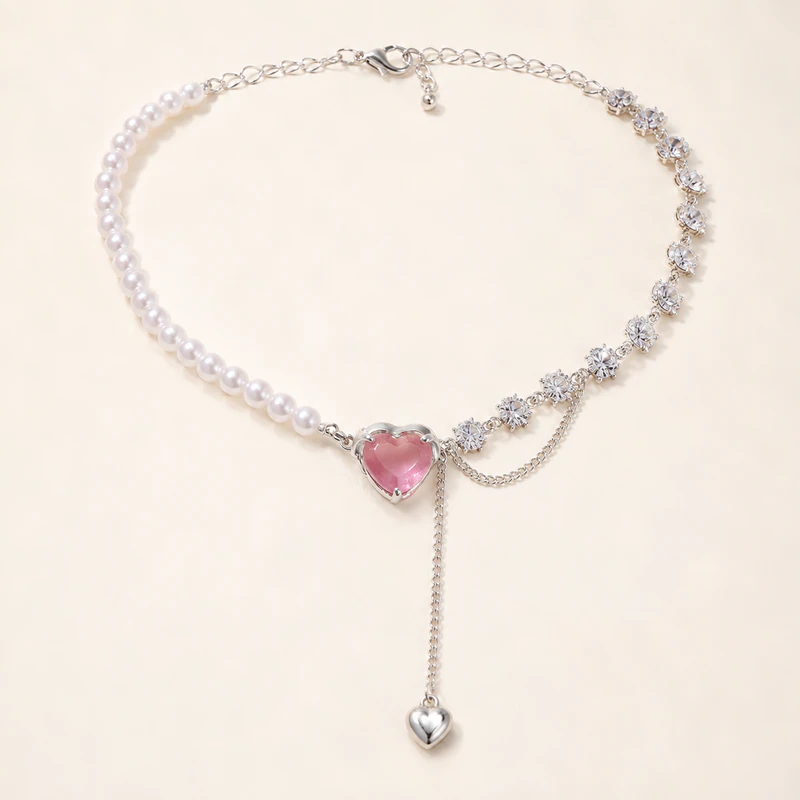 Pearl & Crystal Heart Choker Necklace — image 1 of 6